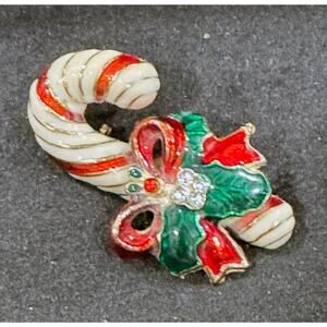 Vintage Christmas Candy Cane Brooch Enamel Green Red Holly Bow Pin  CP56